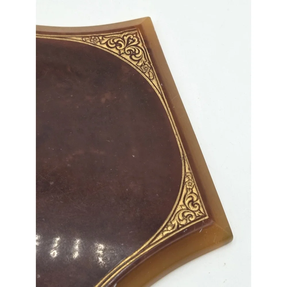 Pyralin Mayflower VTG Hand Held Amber Mirror Art Deco Beveled Ornate Celluloid